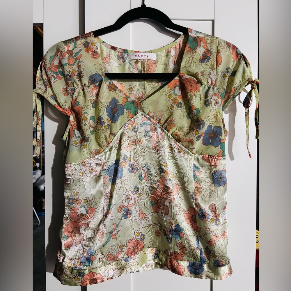 Pastel Floral vintage Tie-Sleeve Blouse in Mint